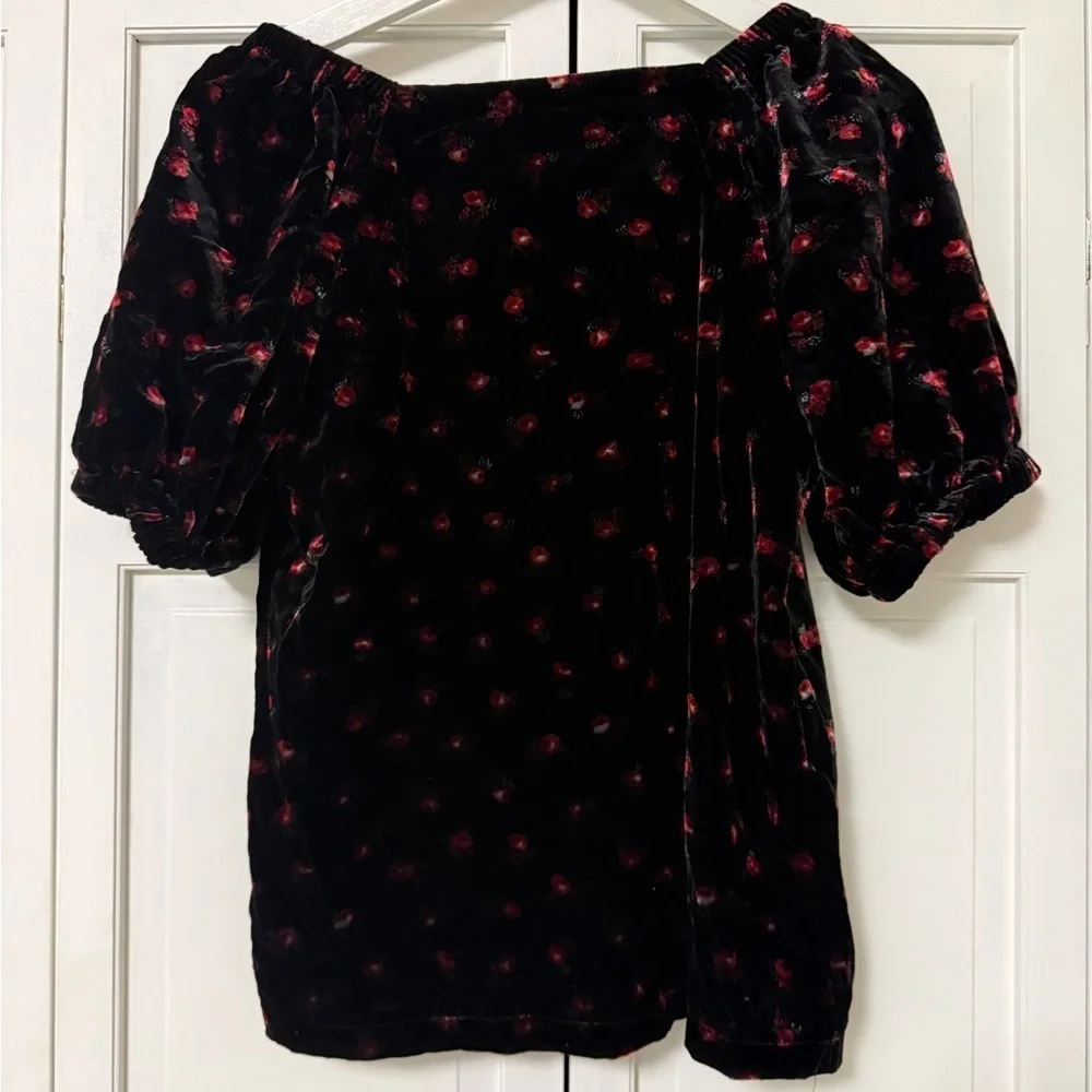 LOFT Velvet Top with Red Floral Design Puff Sleeve Vamp Fairy Grunge Whimsigoth